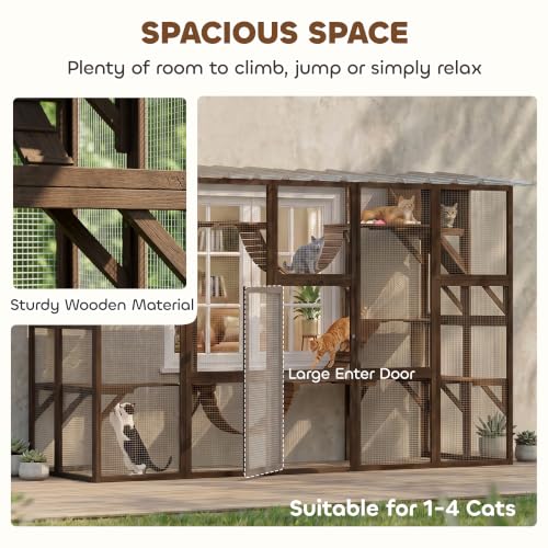 PawHut Catio Outdoor Cat Enclosure Window, 118" x 37.5" x 74", Coffee Brown | Outdoor Cat House, Weather Protection Roof, for 1-4 Kitties, Wooden Frame, Shelves & Bridges - color: Coffee Brown