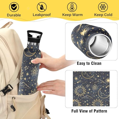 Boho Sun Moon Insulated Water Bottle with Straw Lid,Vacuum Stainless Steel Mug Leakproof Tumbler Flask Kids Water Bottle for Sports Travel School,20oz - color: Boho Sun Moon
