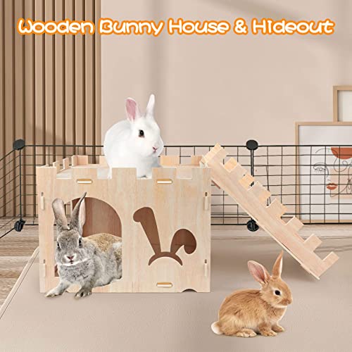 BWOGUE XL Wooden Rabbit Hideout Castle, Bunny House Wood for Small Animals | Extra Large Wooden Bunny Hideout, Wooden Rabbit Hideaway, 2-Story Castle with Ladder, Dual Doors, Detachable for Storage - style: Modern