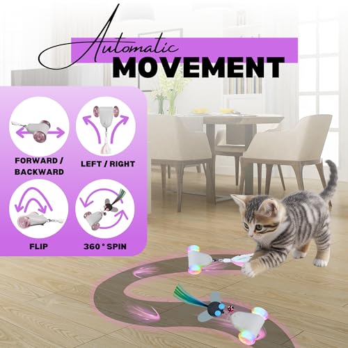 Rolling Rover – Interactive Cat Toy with RGB Wheels, Automatic Moving Mouse-Shaped Design, Feather Butterfly and Bell Attachments, Smart Motion Activated for Indoor Cats & Kittens (Pink) - color: Pink