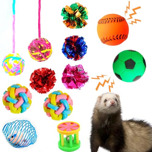 12 pcs Ferret Squeaky Toy Balls Squeaker Toys Teething Colorful Bouncy Rubber Bell Balls Mylar Crinkle Interactive Sound Toy Exercise Scratch Chew Toys for Ferrets Pet Cat Dogs - color: pattern 2