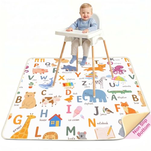 Basumee Splat Mat for Under High Chair, Waterproof & Mess-Proof Floor Mat | 46"×42" Baby Splash Mat, Non Slip Bottom, 4-Layer Fabric, Food & Liquid Catcher, Machine Wash for Boy Girl, Meals, BLW, Craft - color: Animal Alphabet, size: 46x42 Inches
