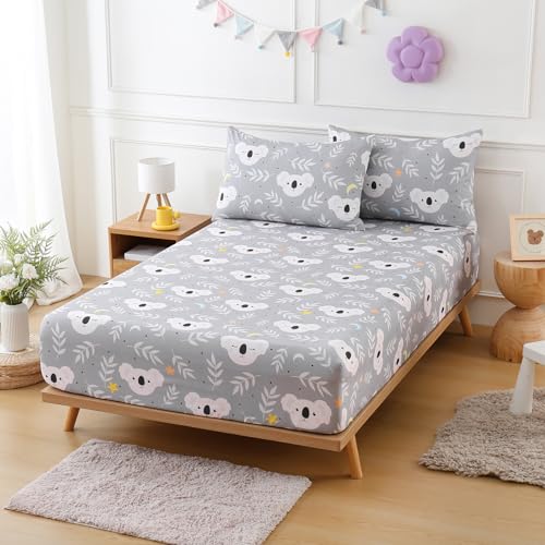 Twin Sheets Set Kids Cute Koala Animal Printed Bed Sheet 3 Pieces | 15 inch Deep Pocket Fitted Sheet and Pillowcase Set, Soft Breathable Microfiber Cartoon Printed Bed Sheet for Kids Room - color: Koala, size: Twin
