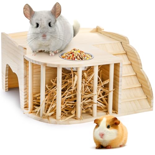 Coloch Wooden Guinea Pig Castle with Hay Feeder, Large Chinchilla Hideout with Feeding Bowl&Ladder Multi-Chamber Guinea Pig House for Guinea Pigs, Chinchillas, Hedgehogs