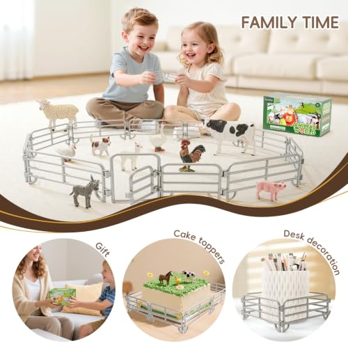 20PCS Large Farm Animal Corral Fence Toys with 2 Gates Fences for Kids Boys Girls, Educational Farm Animal Cake Toppers for Toddlers Children. - style: Silver 20PCS
