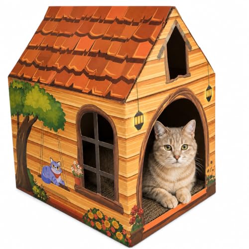 Cinrobiye Cardboard Cat House with Scratcher, Indoor Cat Condo Cat Cave Hideout with Scratch Pad, Cardboard Cat Playhouse Bed for Cats, Kittens, Rabbits & Small Pets (Brown2) - color: Brown2