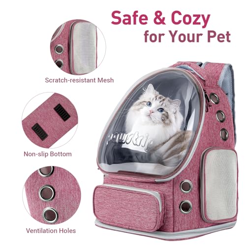 Cat Backpack Carrier Clear Bubble Window for Cats & Small Dogs up to 15 lb | Large Space Breathable Foldable Pet Carrier Airline Approved, Mesh Entry Safety Tether Washable Pad, Travel Hiking Outdoor - color: Pink