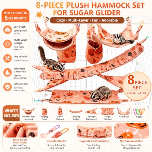 8 Pcs Sugar Glider Cage Set, Small Animal Fleece Hammock Set, Hanging Bed, Climbing Bridge and Toys for Sugar Gliders, Fancy Rats, Squirrels,Ferrets,Orange7126-3 - color: Orange