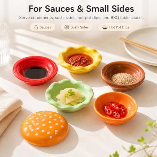 6-Piece Stackable Ceramic Burger Plate Set for Sauces & Dips | Burger-shaped layers for condiments, dips, sushi soy sauce, BBQ snacks; dishwasher and microwave safe
