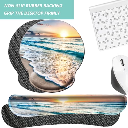 Keyboard Wrist Rest Pad Mouse Pad with Wrist Support Set of 3, Mousepad with Non-Slip Rubber Base, Ergonomic Memory Foam Mouse Wrist Cushion Support for Home Office Laptop Computer Gaming, Beach - color: Beach