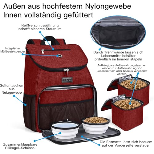 BAGLHER丨Dog Travel Bag, Airline Approved Pet Supplies Backpack, Dog Travel Backpack with 2 Silicone Collapsible Bowls and 2 Food Baskets - color: Red-A