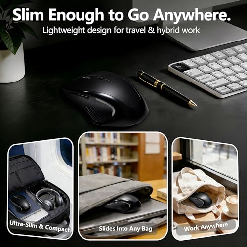 Bluetooth Ergonomic Mouse for MacBook & iPad, Built-In Jiggler, Black | Bluetooth 5.2/3.0 + 2.4G USB-C/USB-A, Silent Rechargeable Mice For Home Office, Study, Laptop, PC, Work, Travel, Students - color: Black