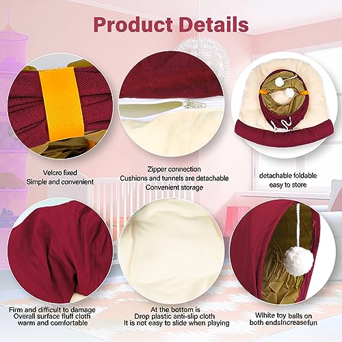 BWOGUE Bunny Tunnel Bed, 2-in-1 Collapsible Rabbit Tunnel Hideout with Mat | Removable Mat for Washing, Ball Toy for Play, Tunnel Tubes for Hiding, Soft Suede Fabric, Cats Rabbits Guinea Pigs - color: Red