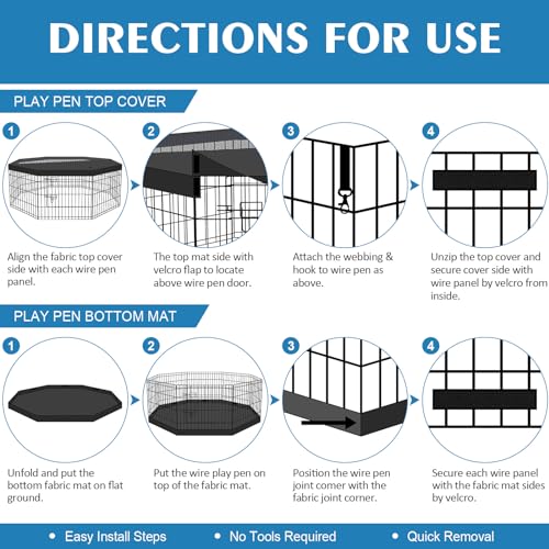 Peekaboo Dog Playpen 24" H 8-Panel with Top Cover & Bottom Pad, Black | 24 Inch 8 Panel Foldable Rustproof Metal Dog Playpen with Top Cover and Waterproof Bottom Pad - style: Playpen + top and bottom cover