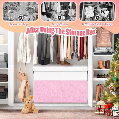 Large Toy Storage Box with Lid & Dividers, Kids Toy Chest, Pink and White | Toy Box for Boys, Girls, Nursery, Bedroom, Living Room, Playroom, 25 x 13 x 16 inches - color: Large Pink and White
