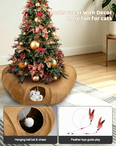 Linen Cat Tunnels with Central Cat Bed, Interactive Cat Toys Detachable Washable Soft Mat Large Indoor Play Tunnel Cave for Kittens and Small Animals - color: Linen Brown