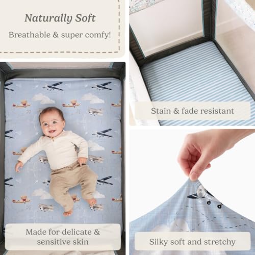 Pack and Play Sheets Fitted, Mini Crib Sheets for Graco Pack N Play Playard (38x26), Ultra Soft Cotton Blend, Safe & Snug Playpen Mattress Sheet for Baby Boys Girls, Airplane in The Clouds, 2-Pack - color: Watercolor Airplanes and Clouds