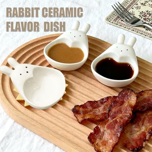 Rabbit Ceramic Soy Sauce Dishes - Set of 4 Cute Mini Dipping Bowls for Home Gift Sushi, Miso, and Side Dishes, Durable and Dishwasher Safe Appetizer Plates