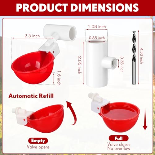 LemonRoad 30 Set Automatic Chicken Waterer Cups with 1/2" PVC Tee Fitting Chicken Drinking Bowl, Poultry Drinker Mounting Hole Opener,Water Dispenser Feeder for Duck, Goose, Pigeon(Light Red) - color: Light Red
