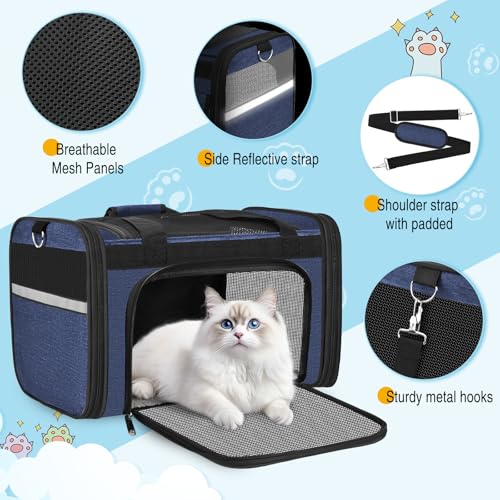 HUANLANG Large Cat Carrier Soft Sided Travel Pet Carrier Airline Approved | Dog Carriers for Small Dogs Medium Cats,Collapsible,3 Storage,zipper lock,Reflective strips,Luggage Strap, Up to 15 Lbs - color: Navy Blue