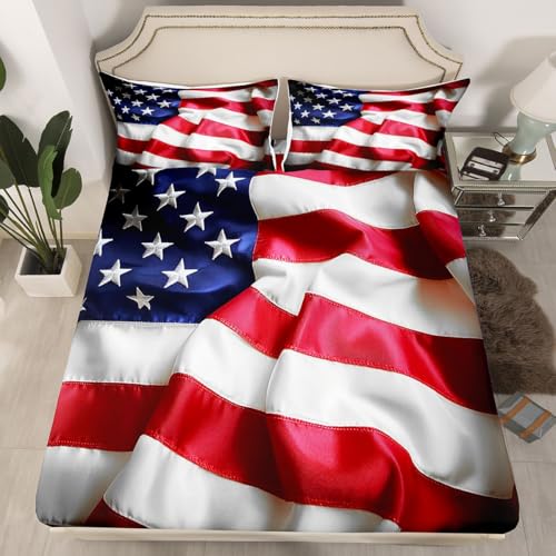 Erosebridal United States Sheet Set Teens American Flag Fitted Sheet Full, Blue Red Bedding Set Geometric Stripes Bed Sheet with Deep Pocket, 4 Pcs with 1 Fitted Sheet, 1 Flat Sheet, 2 Pillow Cases - color: Style 18, size: Full
