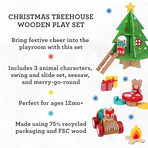 Petit Collage: Christmas Treehouse Wooden Play Set – Eco-Friendly FSC Wood Toy for Toddlers 12mo+ – Features Treehouse with Ladder, Animal Figures, Yule Log Car,Table & Accessories – Cozy