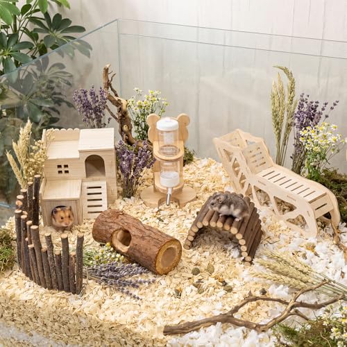 BreezeHug 6 Pcs Hamster Wooden Cage Accessories Include Hideout Climbing Tunnel Maze Wood House Natural Tunnel Tube Flexible Bridge Fence Water Bottle Toy Set for Small Animals Syrian Gerbil Rat - style: Stylish