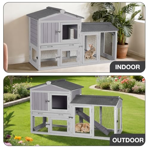 55'' Rabbit Hutch Indoor and Outdoor, Bunny Cage with Waterproof Roof and Deeper Leakproof Tray, Wooden Rabbit House with Anti-Chewing Ramp, Chicken Coops, Duck House (Grey) - color: Grey, size: 55.0"L x 21.3"W x 33.4"H
