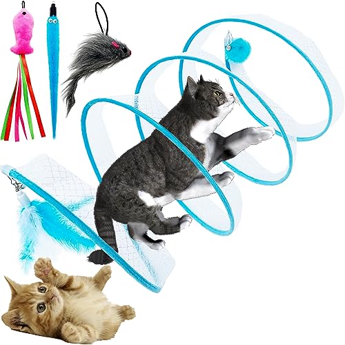 Self Play Cat Hunting Spiral Tunnel Toy, Folded Cat Spring Tunnel Toys for Indoor Cats (Blue) - color: Blue
