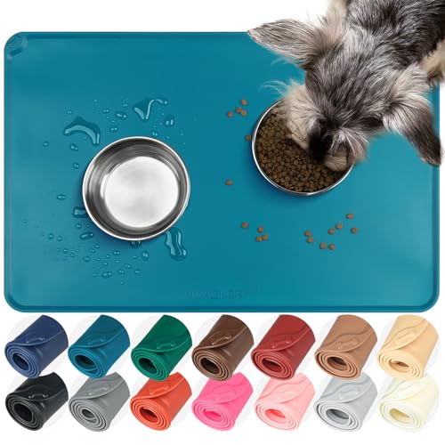 VIVAGLORY Pet Food Mat Flexmat Dog Bowl Mat, L, Deep Blue | Non Slip Silicone for Pet Kitten & Doggy, Placemat with Lip for Floor - color: Deep Blue, size: L (24.0 x 15.7in)