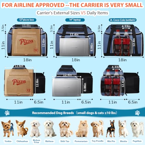 Top and Side Expandable Small Pet Carrier Airline Approved, Blue | 18"Lx11"Wx11"H, for Delta/United/American Airlines, Pets Under 10 Lbs, Lockable Zippers,Soft-Sided, Anti-Scratch Mesh - color: Blue, size: 18.0"L x 11.0"W x 11.0"H