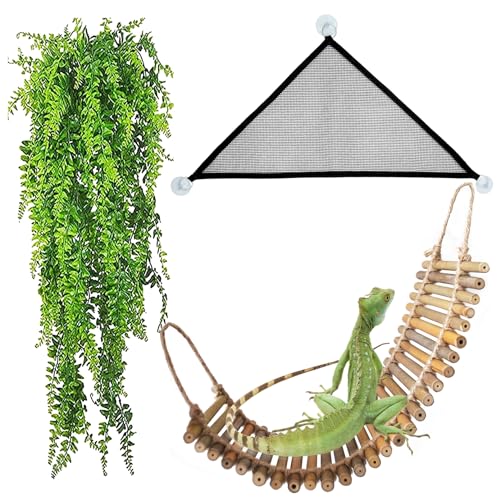 kathson Reptile Bridge for Terrarium,Bearded Dragon Wooden Bridges Gecko Hammock with Hanging Plants Lizard Lounger Bamboo Ladder Reptiles Tank Accessories Climbing for Chameleons Geckos Snakes (3Pcs) - size: Medium