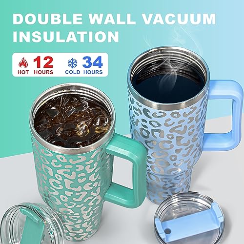 40 oz Tumbler with Handle and Straw, 100% Leak-Proof Travel Mug, Stainless Steel Double Wall Vacuum Insulated Coffee Cup Keeps Cold For 34 Hours, Dishwasher Safe, Green Leopard - color: Green Leopard