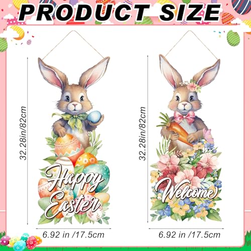2 Pcs Large Easter Bunny Hanging Sign 27.56 x 11.81 Inches Bunny Wooden Front Door Decorations Rabbit Hanging Hanger Easter Rabbit Porch Sign for Home Indoor Outdoor Wall Spring Decoration(Cute) - style: Cute
