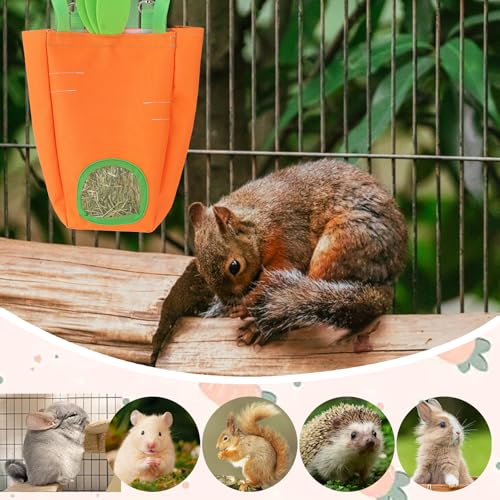 ABTOLS Rabbit Hay Feeder Bags, Hanging Hay Feeder for Cage Guinea Pigs Chinchillas Hamsters Orange Green Carrot Shape Bunny Small Animal Pet Cartoon Hay Bag - color: orange