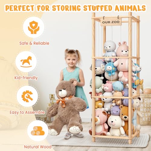 Woodure Stuffed Animal Storage & Organizer, Wooden Cute Zoo Toy Holder for Toddler Rooms, Playrooms & Bedrooms - color: Natural