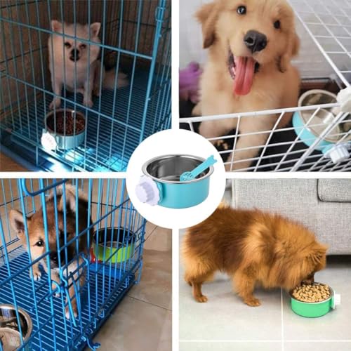 Hamiledyi 2-Pack Hanging Dog Bowls with Removable Stainless Steel Feeder - Spill-Proof Crate Bowls for Kennel/Cage, Puppy to Medium Dogs, Cats, Rabbits & Guinea Pigs (Durable Pet Food & Water Dishes) - color: A：Blue+Green
