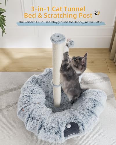 Aechonow 3-in-1 Cat Tunnel Bed, 34'' Cat Scratching Post for Indoor Cats | Fluffy Peekaboo Donut Hideout Toy for Pets, Rabbit, Ferret