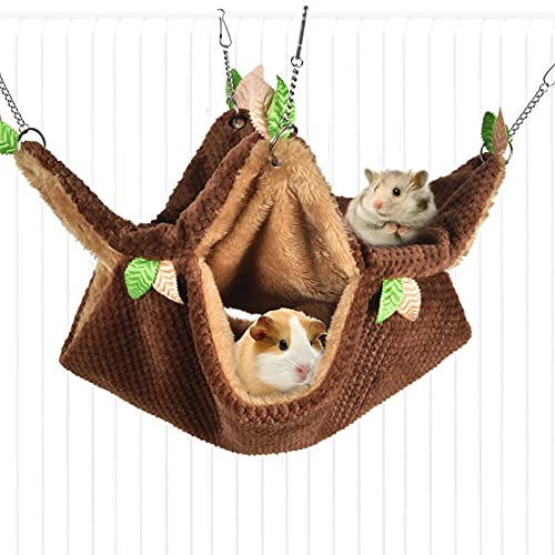 Petmolico 2 Pack Small Animal Hammocks, Warm Plush Hanging Tunnel & Double Tier Bunkbed Hammock Cage for Ferret Guinea Pig Chinchilla Squirrel Rat Hamster Hideout Sleeping Swing Hammock, Brown