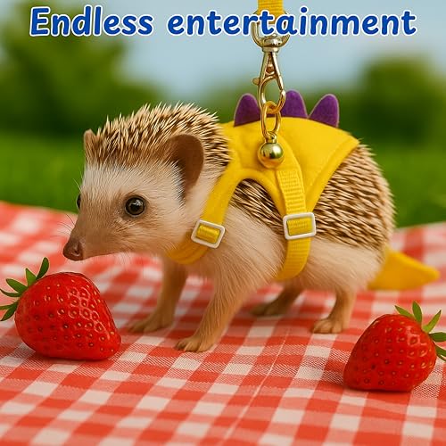 Adjustable Hedgehog Leash and Harness with Safe Bell, Dinosaur Shaped Harness Leash for Training Playing, Hamster Clothes for Ferret Guinea Pig Hamster, Hedgehog Accessories (Yellow) - color: Yellow