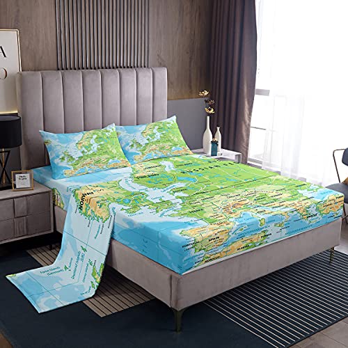 Erosebridal World Map Bed Sheets Full Blue Ocean Sheet Set 4 Pcs for Kids Boys Girls, Map of Various Countries Fitted Sheet with 1 Flat/Top Sheet and 2 Pillow Cases Breathable Home Room Dorm Decor - color: Style 12, size: Full