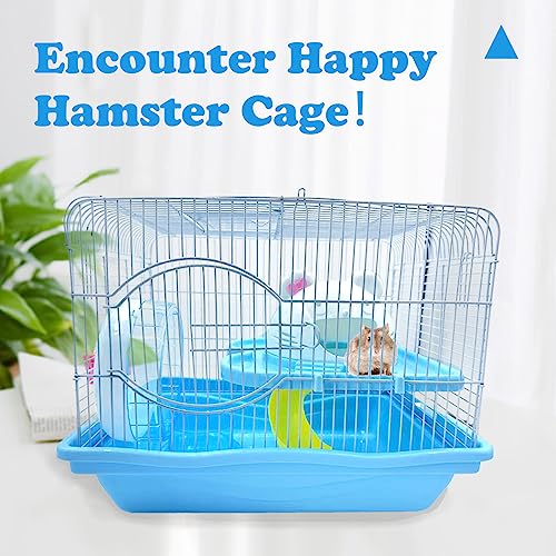 2-Tier Portable Hamster Cage and Habitats, Travel Metal Mouse Cages with Free Water Bottle, Houses and Exercise Wheel for Any Breed of Hamster and Small Animal (14.6x11.0x11.8inch Blue) - color: 【Blue】