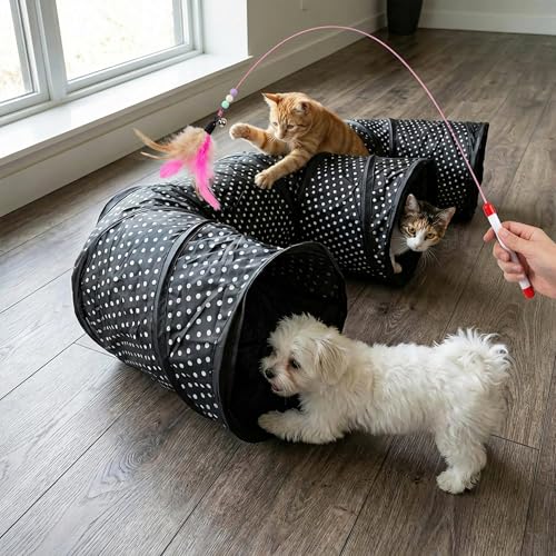 E-Shaped Cat Tunnel, 3-Way Interactive Triple Tube Toy for Indoor Cats, Collapsible Pet Play Maze with Peek-a-Boo Holes, Durable Hideout for Kittens, Puppies, Bunnies & Small Animals (E) - size: E