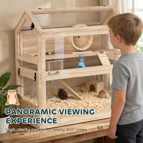 PawHut Wooden Hamster Cage for Small Gerbil, Mice 30" x 18" x 30" | 3-Tier Small Animal Cage, Hut, Seesaw, Ramps, Exercise Wheel, Acrylic Panel, Bottom Tray, Dwarf Hamster Habitat