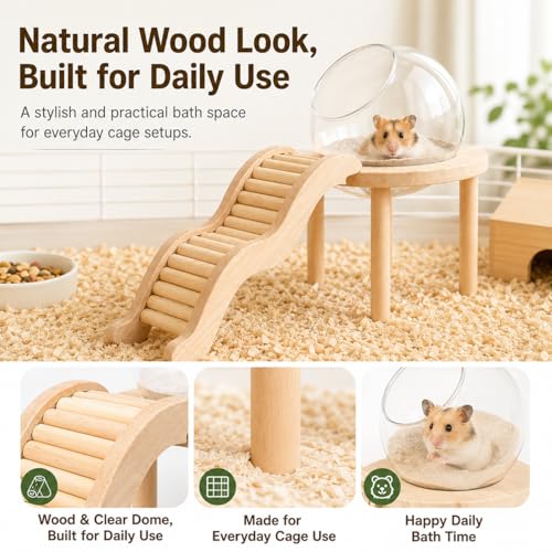 Hamster Sand Bath Container with Clear Dome, Anti-Scatter Dust Box for Dwarf Hamsters, Syrian Hamsters & Gerbils, Easy-Entry Small Pet House (Small) | Sand bath for hamsters, anti-scatter clear dome, curved ladder, scoop included for dwarf, Syrian hamster