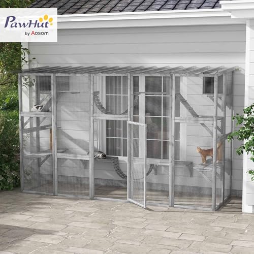 PawHut Catio Outdoor Cat Enclosure Window, 118" x 37.5" x 74", Gray | Outdoor Cat House, Weather Protection Roof, for Multiple Kitties, Wooden Frame, Shelves & Bridges - color: Grey