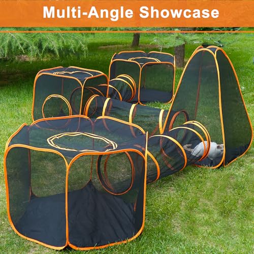 7 in 1 Outdoor Cat Enclosure, Foldable Pop-Up Mesh Playpen Tunnel for Pet Run, Foldable Outside Enclosed Tent Cage for Small Dogs, Rabbit and Other Animals - color: Orange