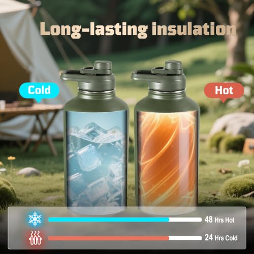 ONETIGRIS 64oz Tactical Insulated Water Bottle with 3 Lids & MOLLE Pouch | 48H Cold and 24H Hot Double Wall,304 Stainless Steel Wide Mouth,BPA Free Leakproof Silicone Seal，Paracord Handle Easy Carry - color: Green