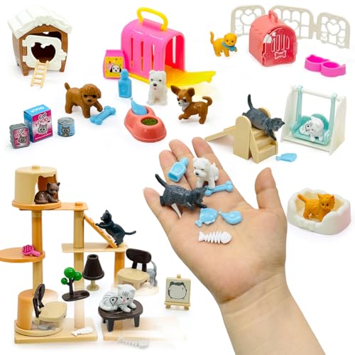 60PCS Realistic Cat & Dog Figures Playset - Educational Pet Pretend Play Toys for Kids Ages 3+, Role Play Kit with Animal Figures & Accessories for Boys & Girls Learning & Imagination Development
