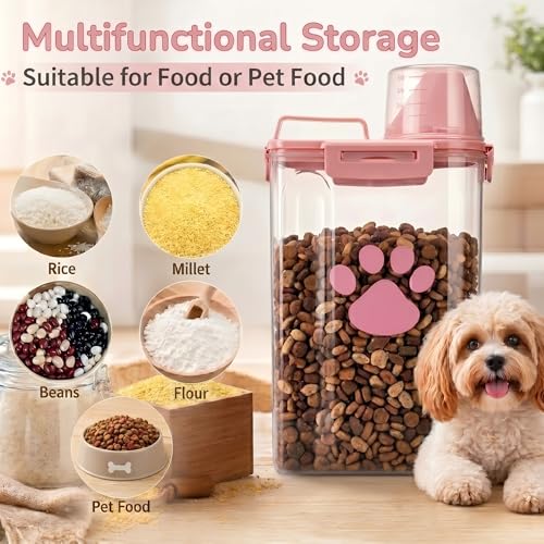 Dog Storage Container with Cleaning Brush and Measuring Cup | Airtight Portable Pet Food Containers with Upgraded Large Spout and Cup for Dogs,Cats,Birds,Small Animals(Pink) - color: 3QT-Pink
